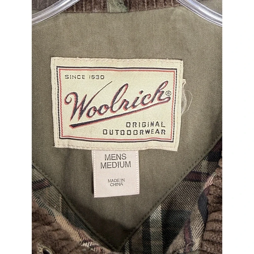 Woolrich Mens M Moss Green Plaid Flannel Lined Insulated Corduroy Collar Vest